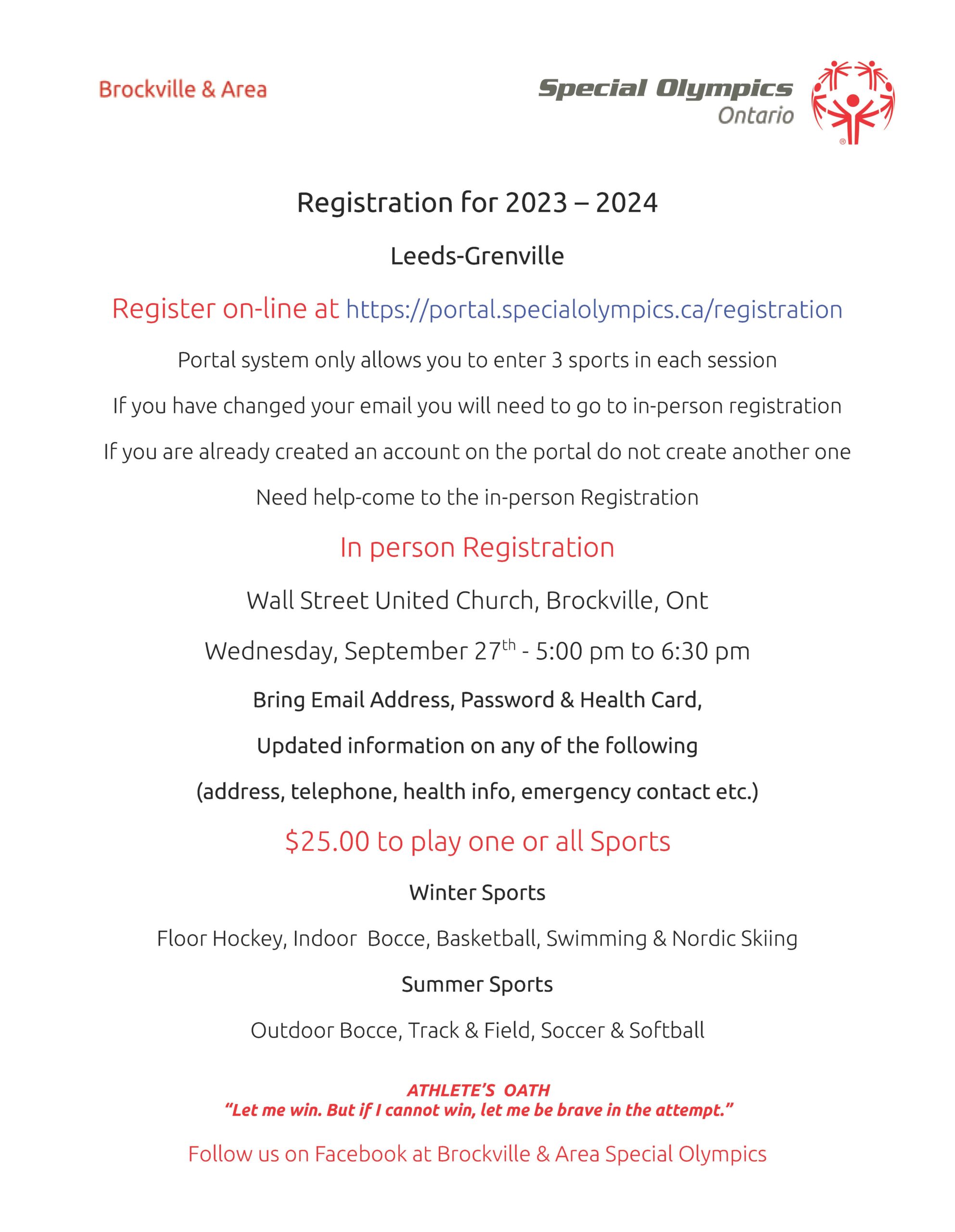 Special Olympics Registration @ Wall Street United Church | Brockville | Ontario | Canada