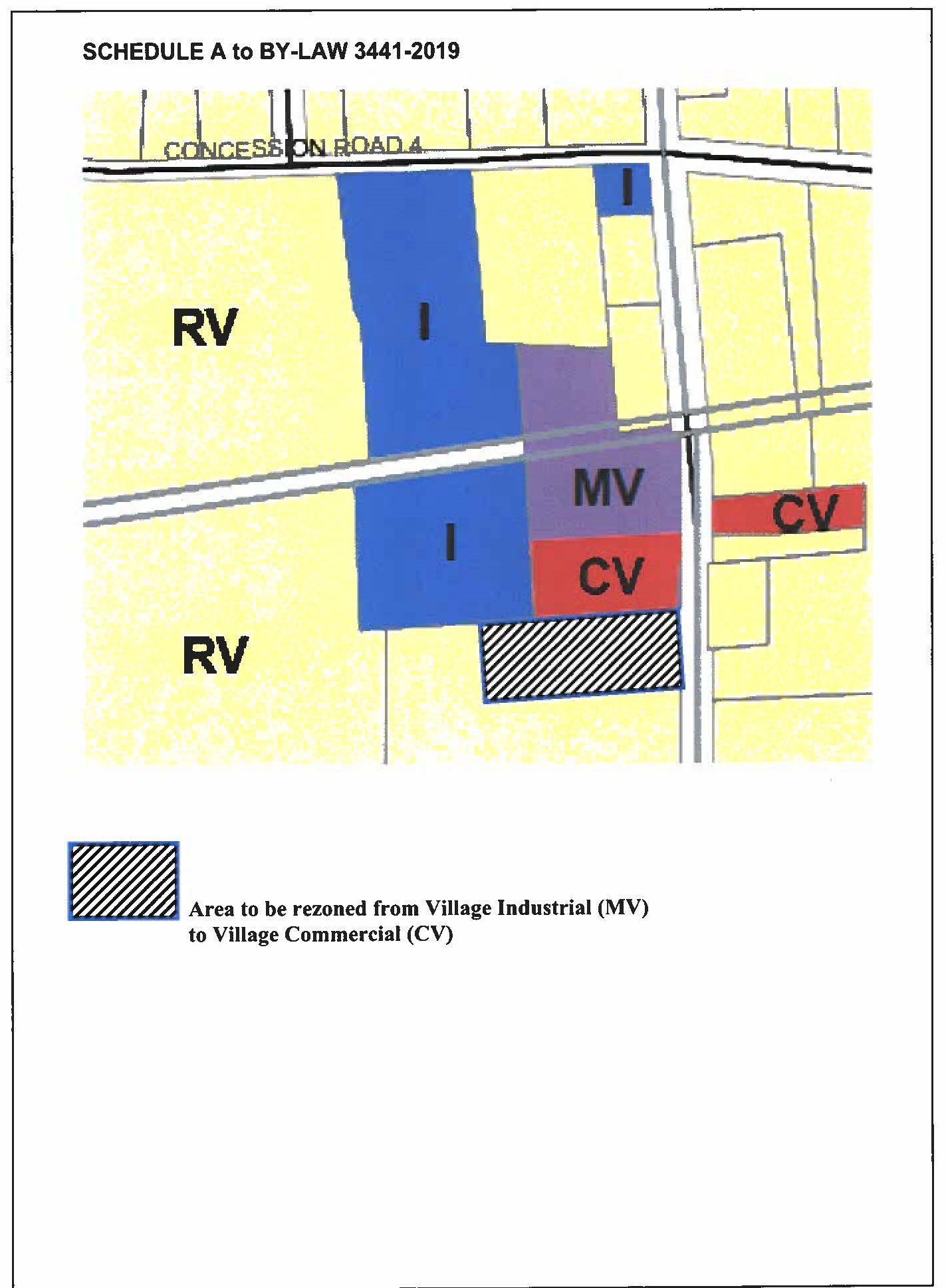 schedule A to by-law 3441-2019.  map showing area to be rezoned from village industrial to village commercial