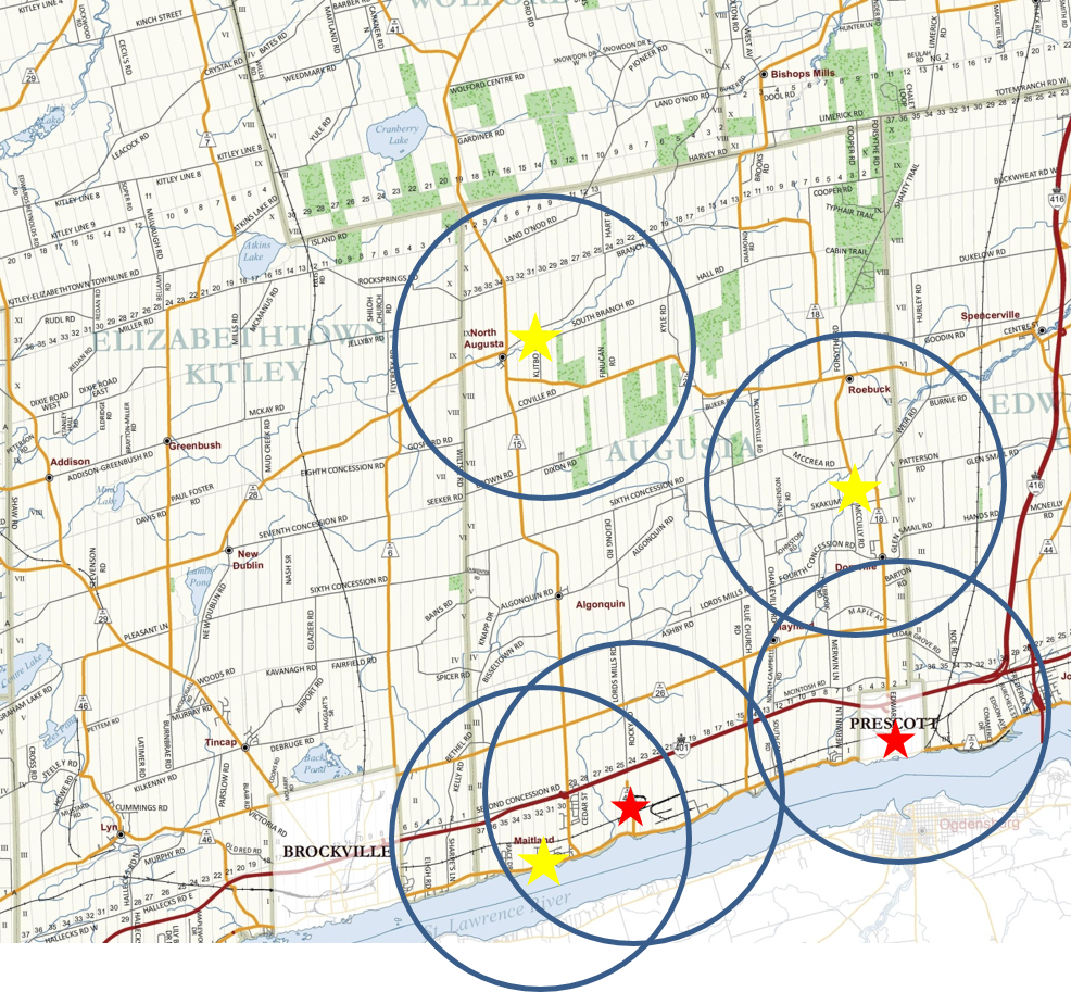 map of township with blue circles around the 5 km radius around each of the approved water supply stations