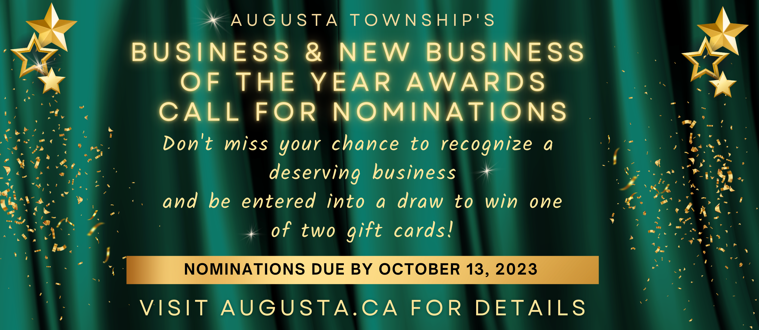 green curtain with gold confetti and stars. states augusta township's business & new business of the year awards call for nominations.