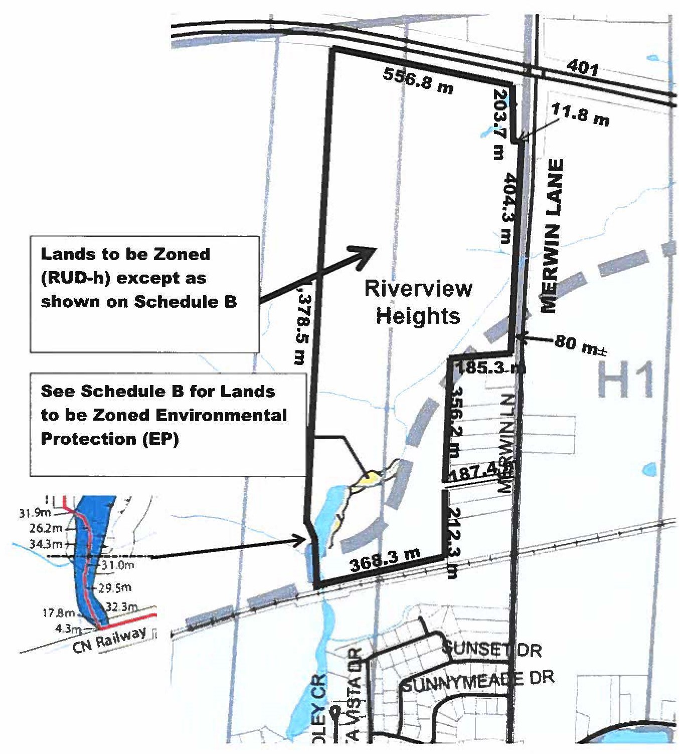 map showing lands to be zoning RUD-h except as shown on Schedule B (lands to be zoned environmental protection (EP)