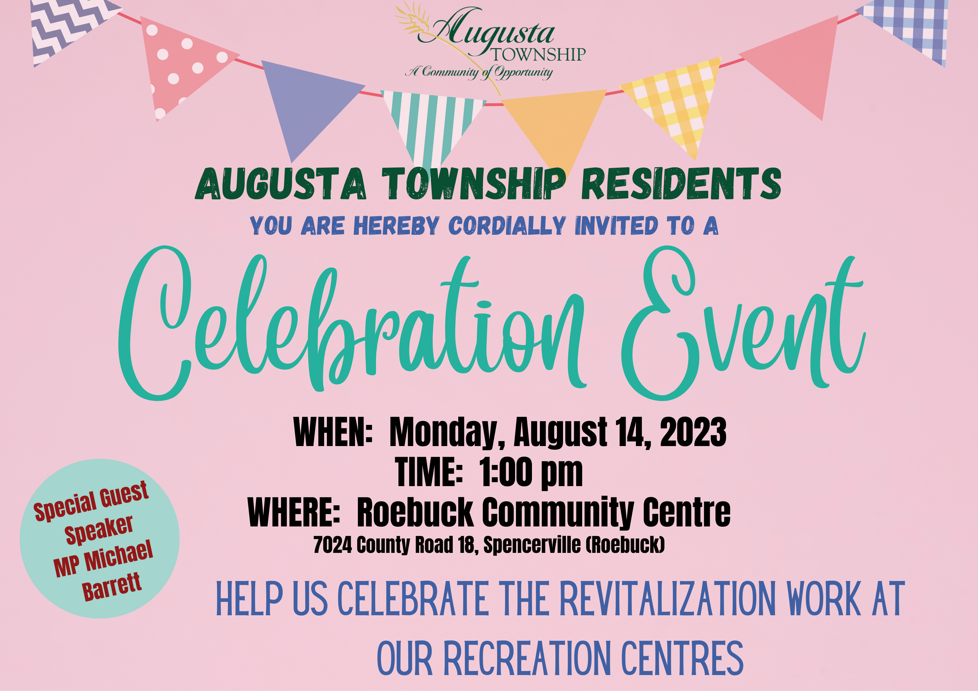 poster for a celebration event on August 14, 2023 at 1pm at the Roebuck Community Centre to celebrate the revitalization work at our recreation centres