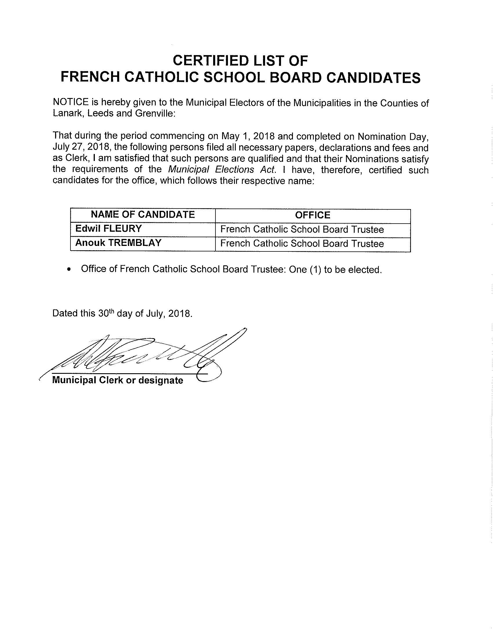Certified List of Candidates - English Catholic School Board