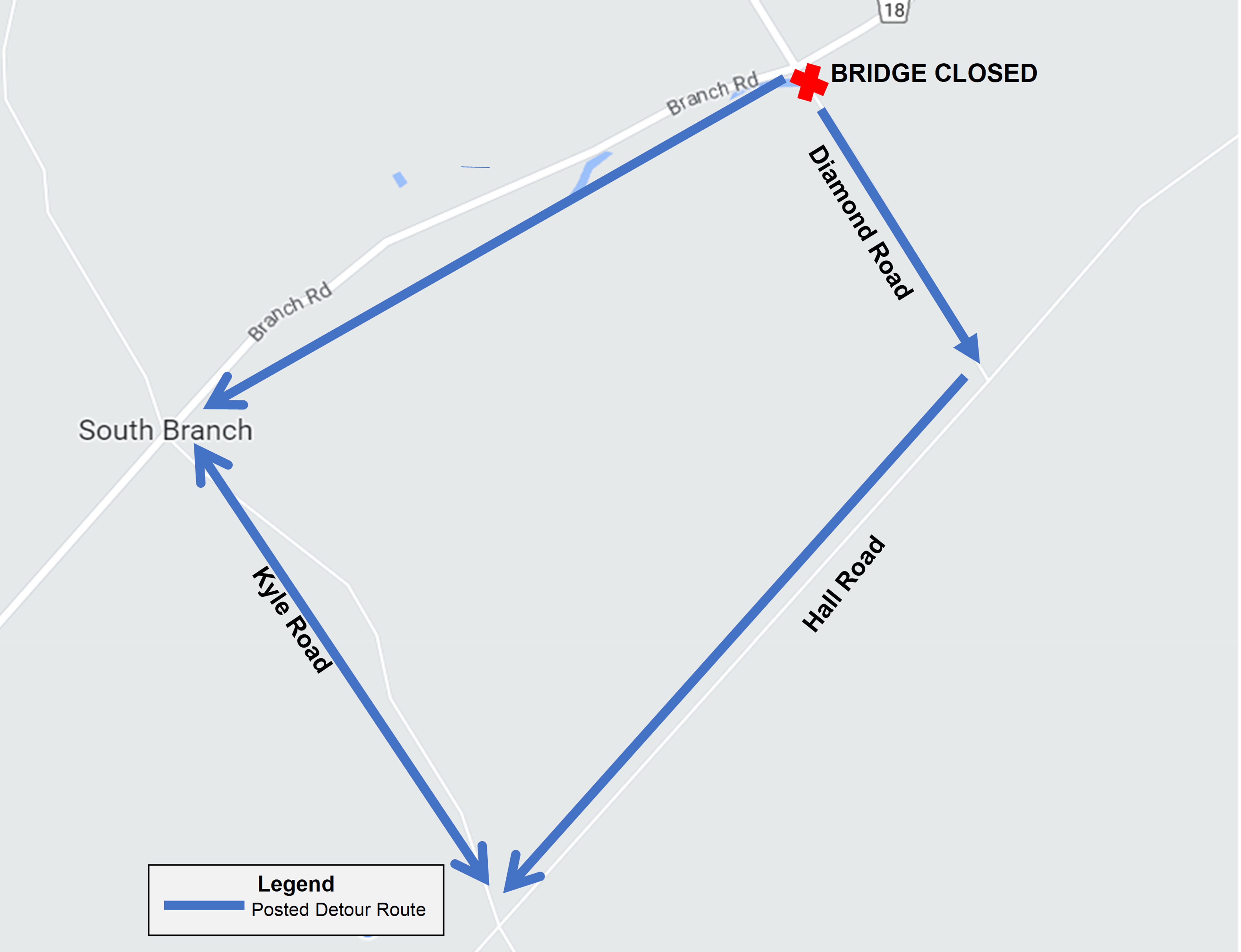 map showing the diamond road closure and the detour route