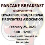 edwardsburgh cardinal firefighters association pancake breakfast on February 25, 2023 from 8-12pm flyer