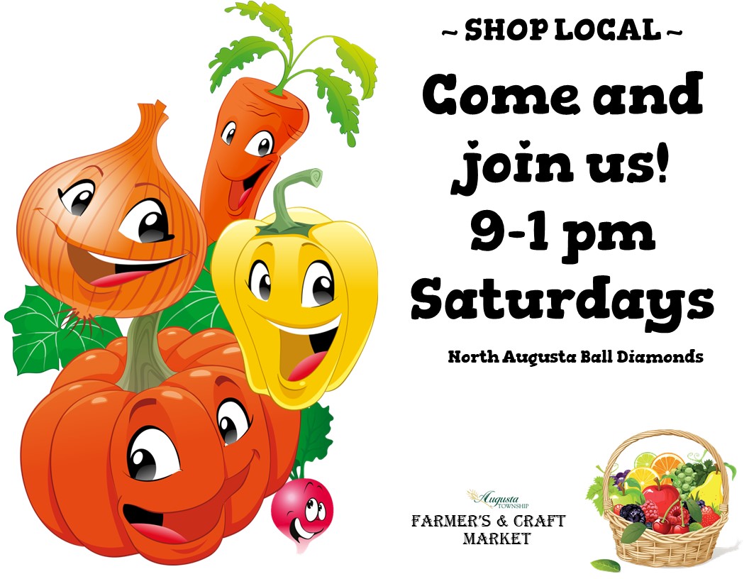 smiling vegetables advertising the farmer's and craft market, saturdays from 9-1pm at the North Augusta ball diamonds