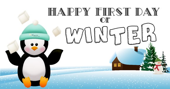 a penguin juggling snowballs and it says happy first day of winter