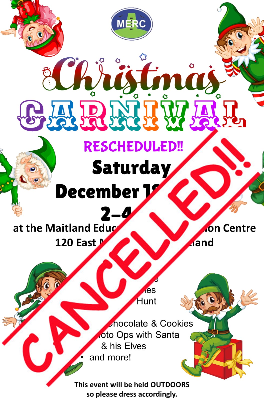 MERC's christmas carnival poster announcing the event has been cancelled.