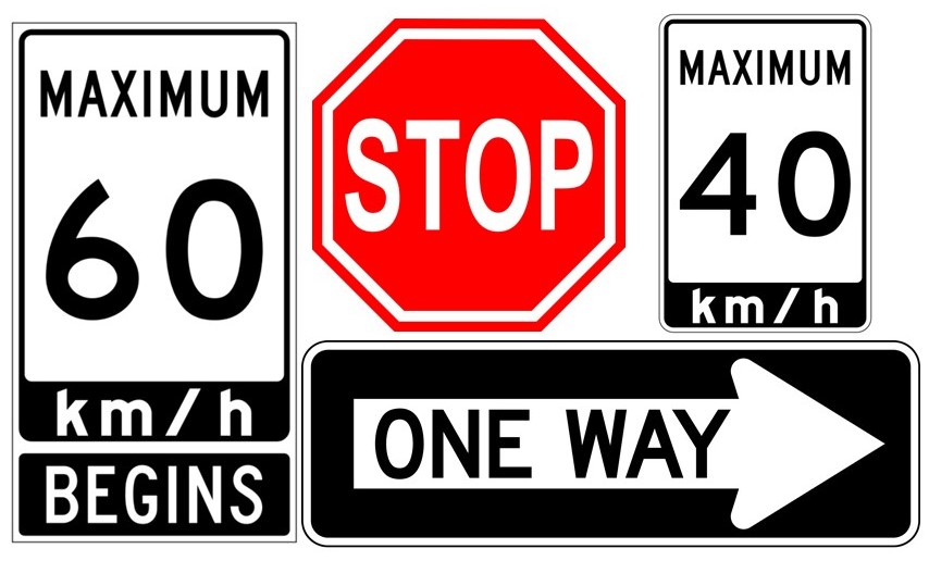 60km/h, 40km/h signs, stop sign, one way sign