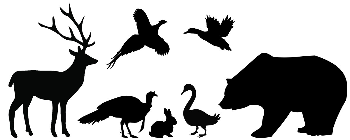 silhouette photos of a deer, turkey, rabbit, goose, pheasant, duck and bear