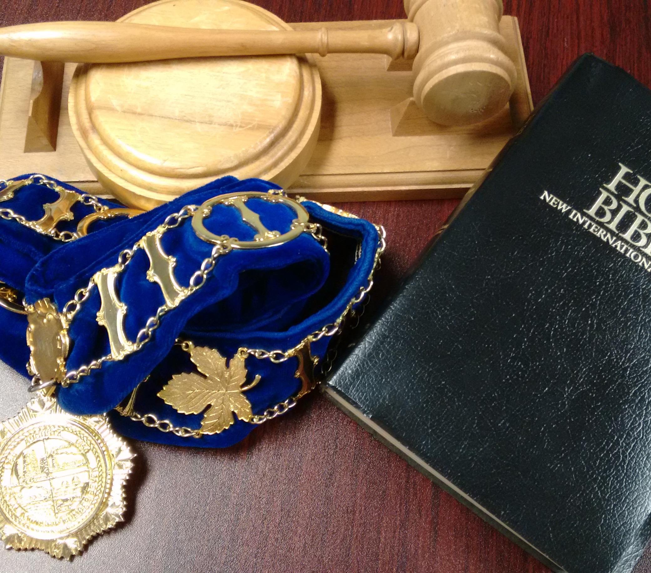 gavel, bible and chain of office