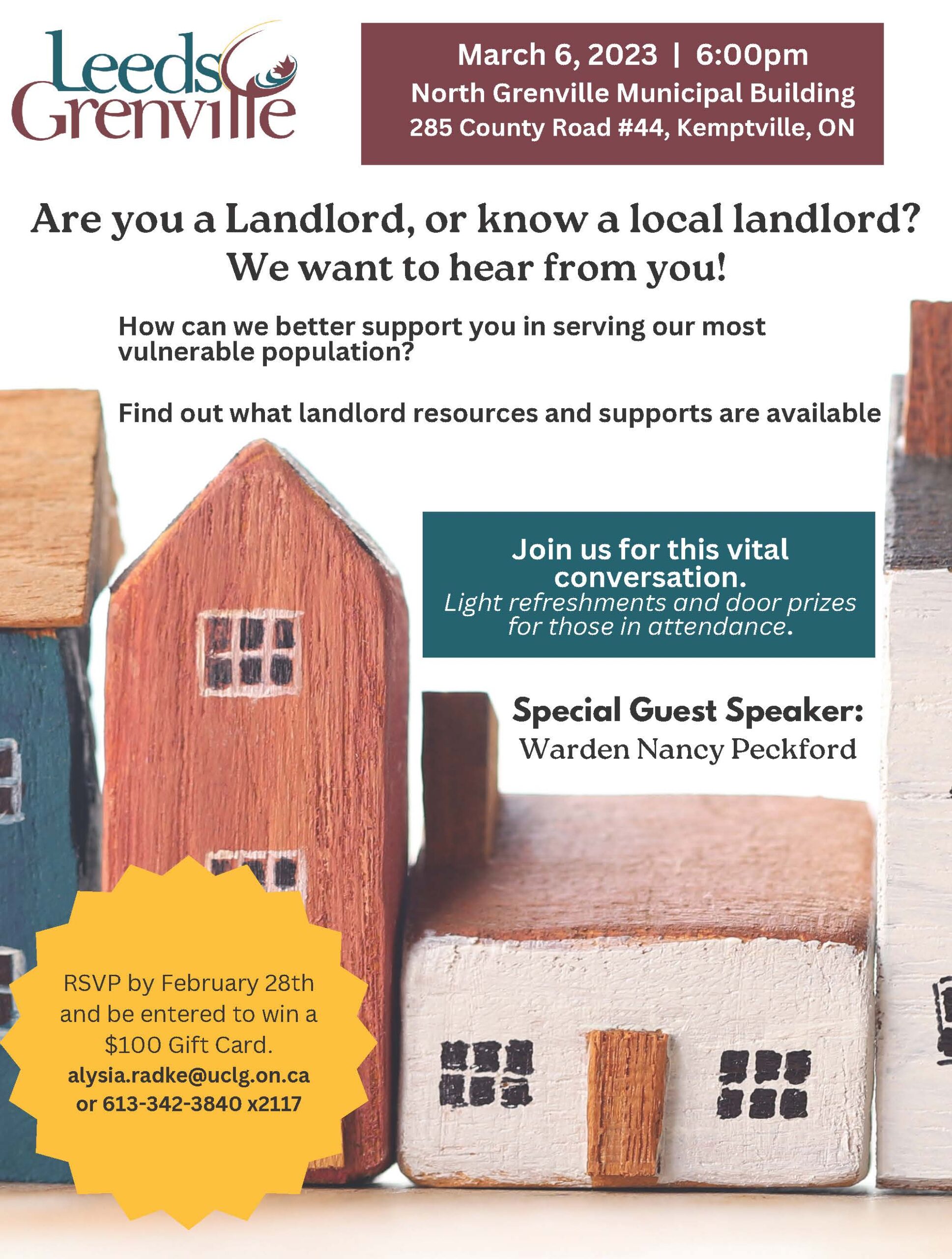 Landlord Information Night poster, March 6, 6pm, North Grenville Municipal Building, Kemptville