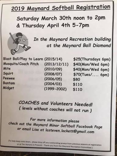Maynard Softball Registration @ Maynard Recreation & Education Centre | Ontario | Canada