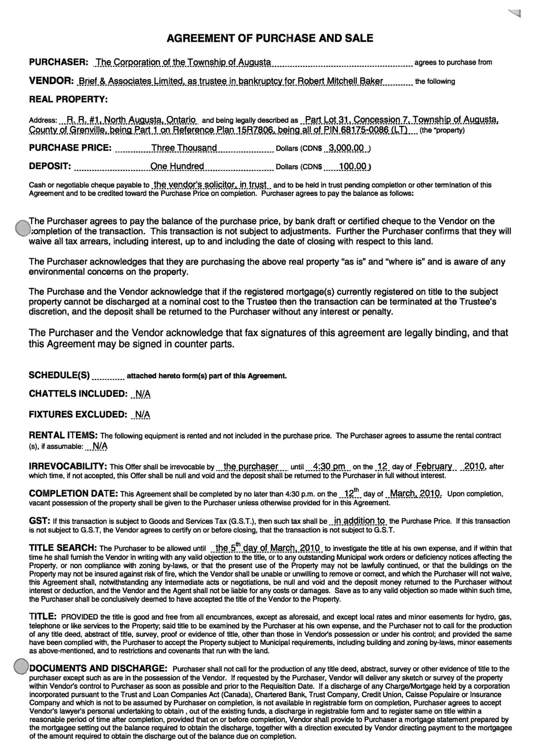 Agreement of purchase and sale, page 01