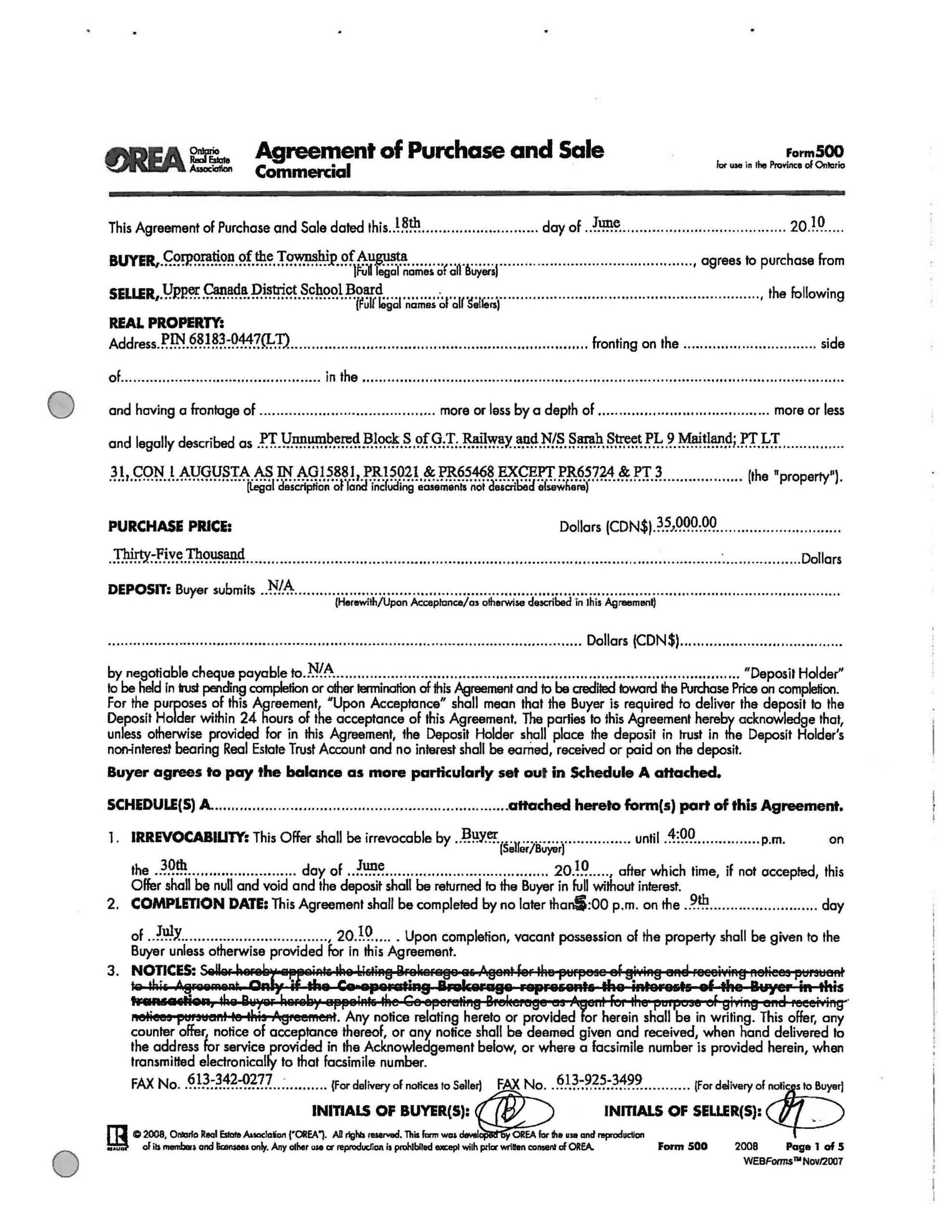 Agreement of Purchase and Sale document page 01