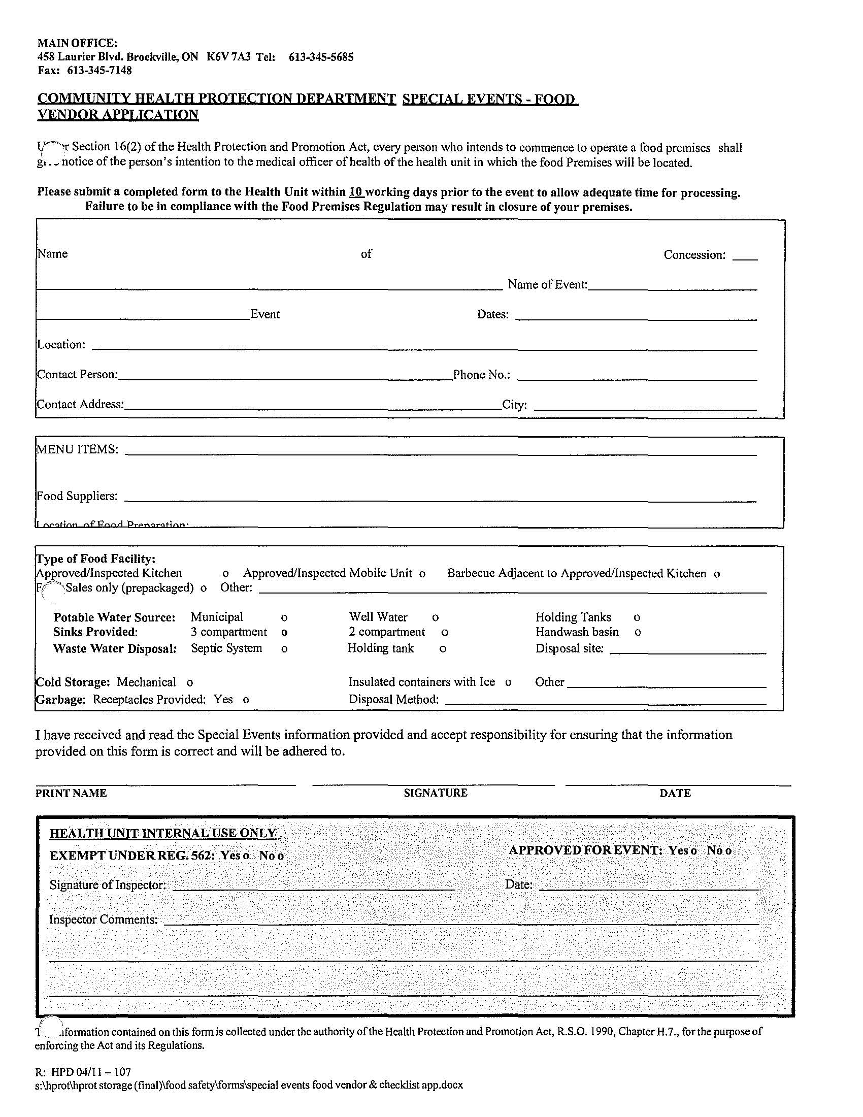 community health protection department special events - food vendor application.  Page 01