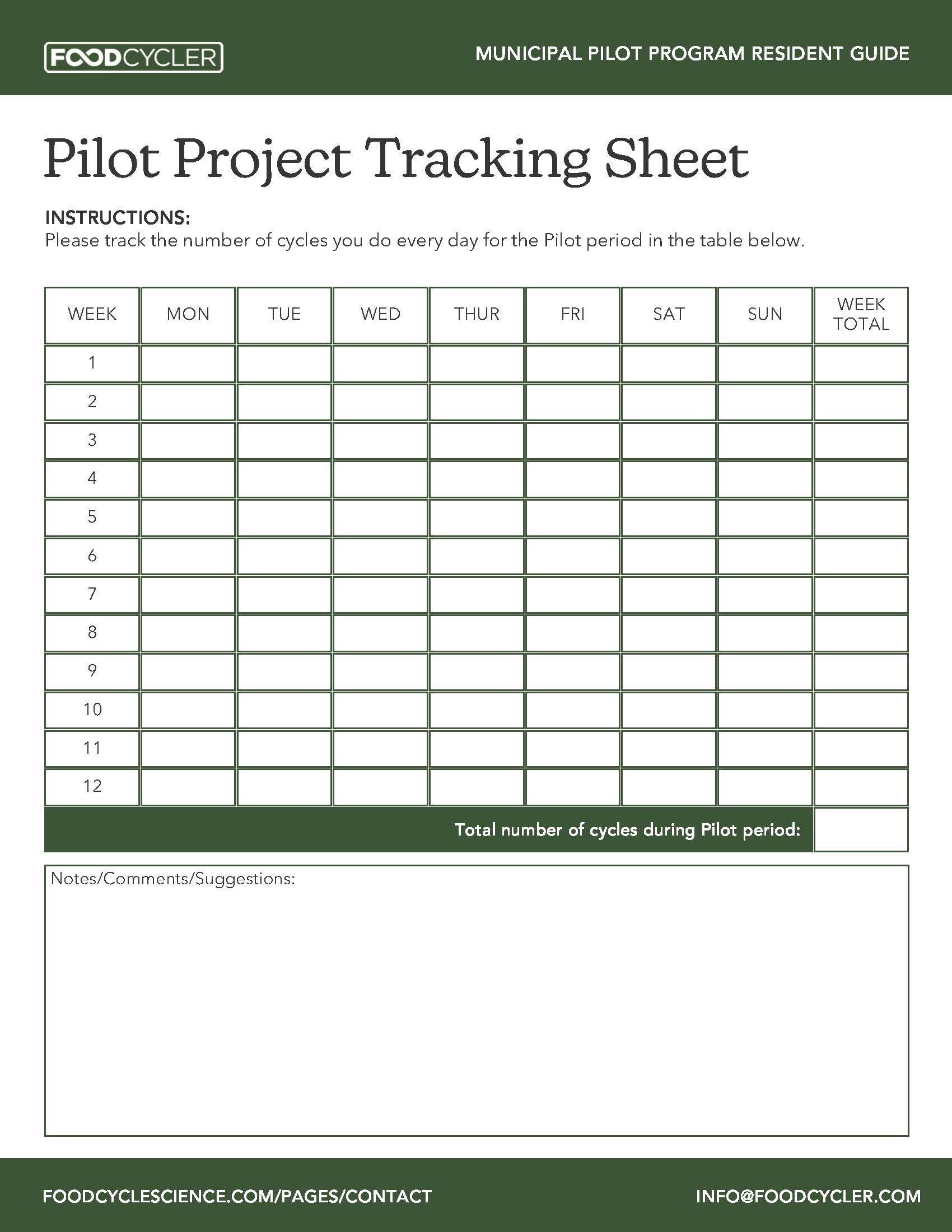 tracking sheet for the project