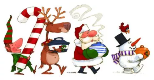 elf, reindeer, santa & snowman carrying food