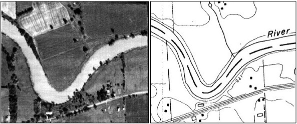 Figure 2. A natural watercourse shows up on an aerial photo (left) and topographical map (right).