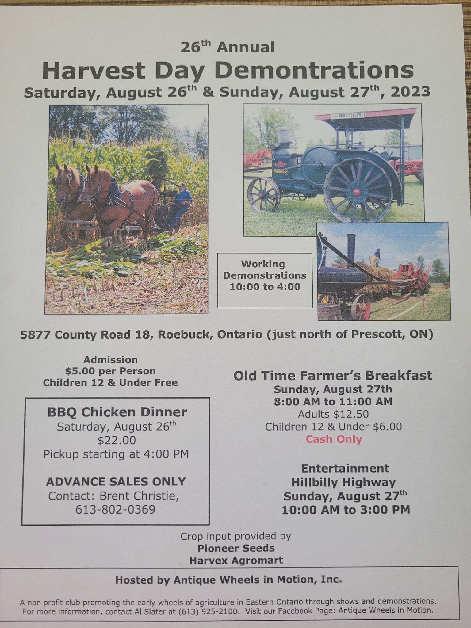 Antique Wheels in Motion Harvest Day Demonstrations on Aug 26-27, 2023.