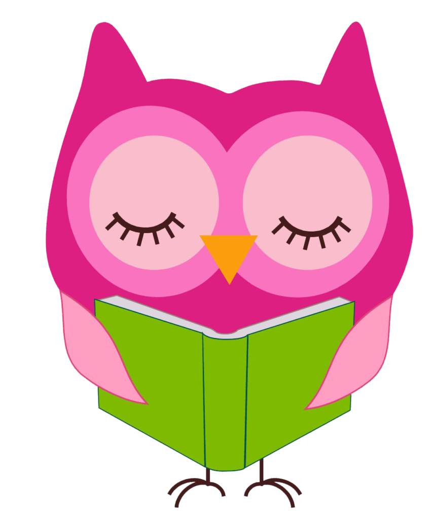 pink owl holding a book