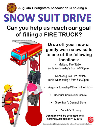 flyer for the snow suit drive saying where snow suits can be dropped off