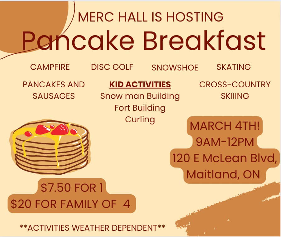 MERC Hall's Pancake Breakfast, March 4, 2023 from 9-12pm flyer