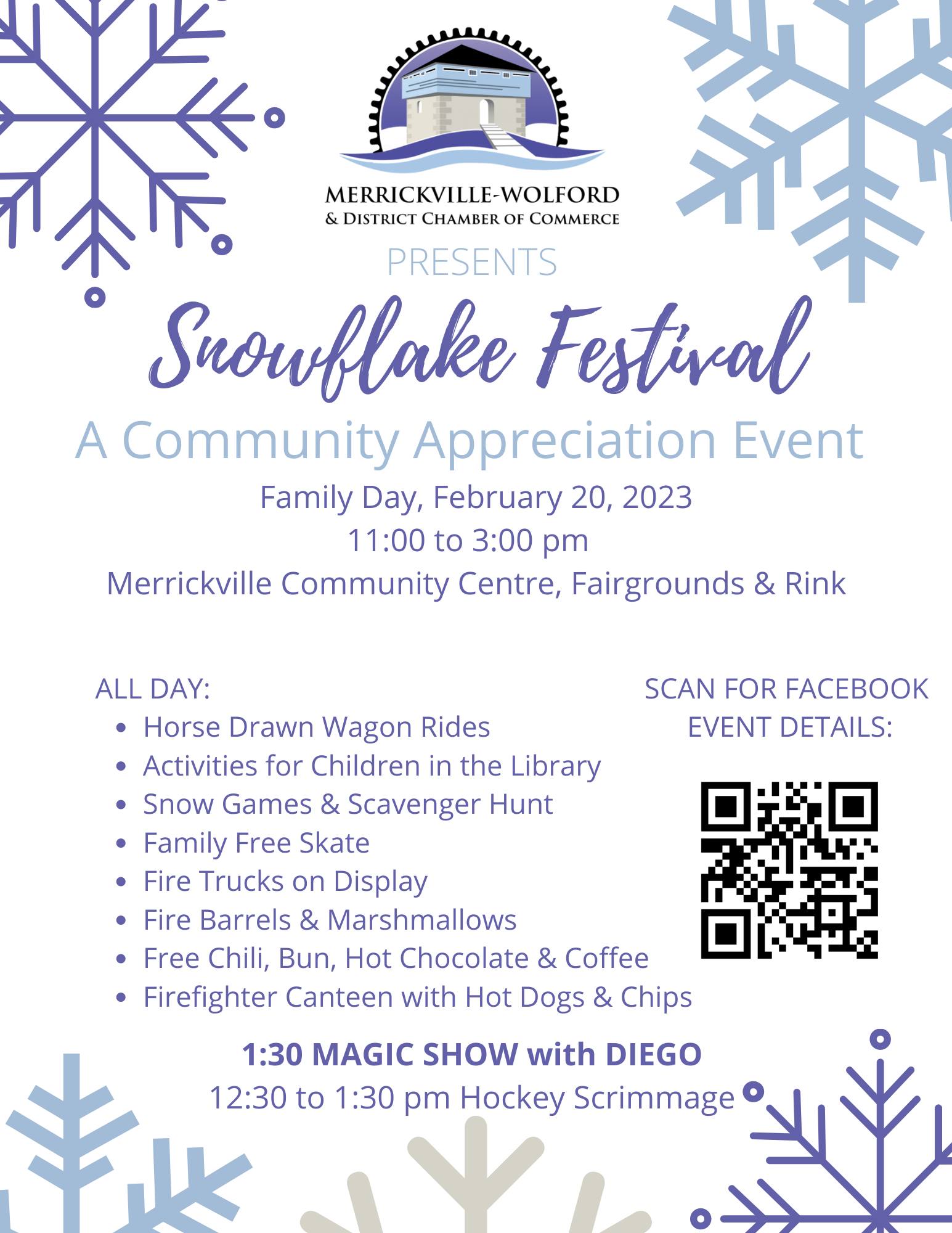 Merrickville Snowflake Festival, February 20, 2023, 11-3pm flyer
